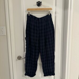 Loose Linen Cargo Plaid Pant
